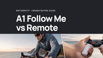 Antigravity A1 Follow Me versus Remote cover showing the real Watch and Ring controls on a rider and hands holding the dual-stick controller, beneath the headline A1 Follow Me vs Remote.