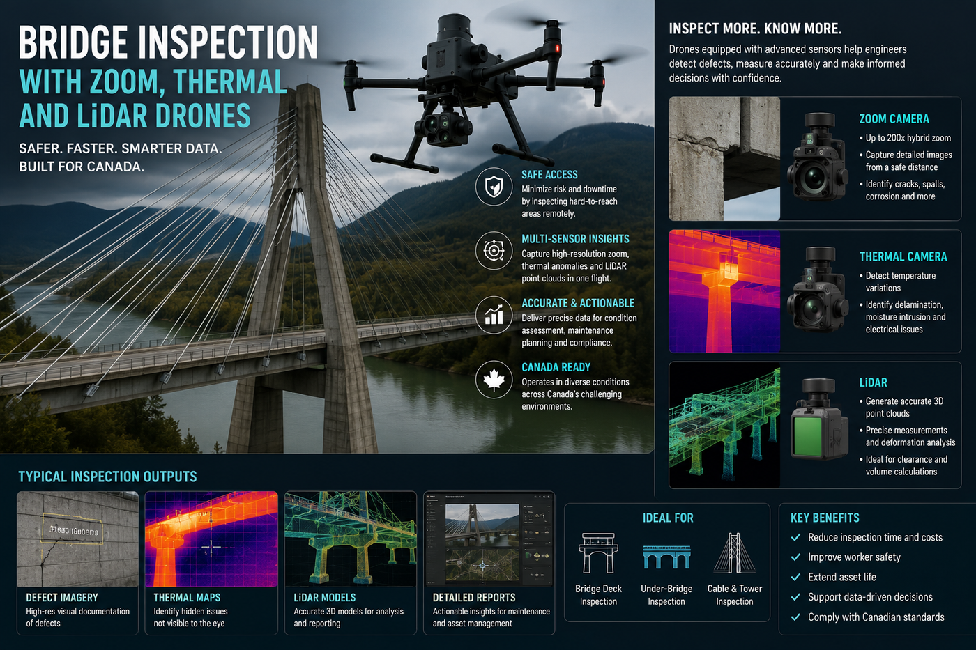 Bridge Inspection with Zoom, Thermal and LiDAR Drones in Canada