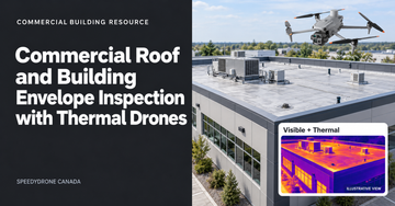 Illustrated commercial flat roof and exterior facade with a thermal inspection drone and an illustrative infrared view.