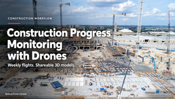 Aerial view of cranes and concrete structures at a construction site, with a construction progress monitoring headline.