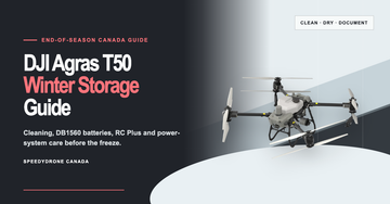 DJI Agras T50 on a winter storage guide cover about cleaning, batteries and power-system care