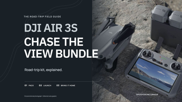 DJI Air 3S, RC 2 and battery hub beside the titled Chase the View road-trip bundle guide.