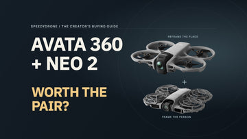 Authentic DJI Avata 360 and Neo 2 aircraft on a dark decision poster reading Avata 360 + Neo 2: Worth the Pair?