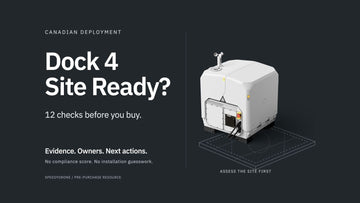 Genuine DJI Dock 4 above a conceptual site-planning diagram with the headline Dock 4 Site Ready and twelve pre-purchase checks.