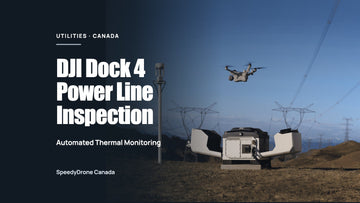 DJI Dock 4 power line inspection cover with the dock and Matrice 5TD at transmission infrastructure and the headline Automated Thermal Monitoring.