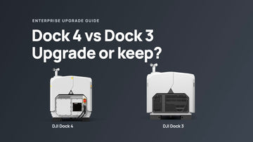 DJI Dock 4 and DJI Dock 3 product renders on a dark cover comparing an upgrade with keeping the current dock