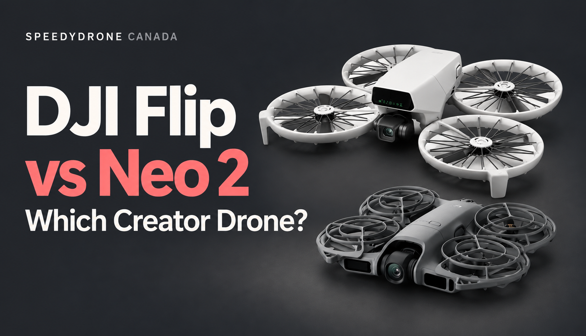Editorial comparison of DJI Flip and DJI Neo 2 on a charcoal background with the headline DJI Flip vs Neo 2: Which Creator Drone?