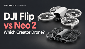 Editorial comparison of DJI Flip and DJI Neo 2 on a charcoal background with the headline DJI Flip vs Neo 2: Which Creator Drone?