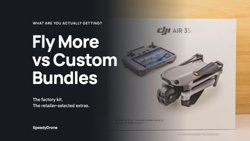 DJI Air 3S Fly More RC 2 retail box beside the headline Fly More vs Custom Bundles.