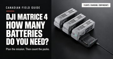 DJI Matrice 4 batteries on a 100W charging hub beside an editorial question about field-mission battery quantity.