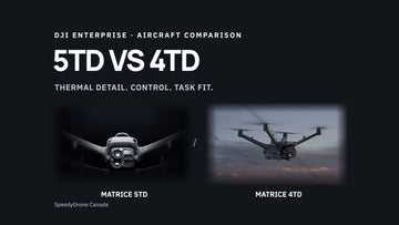 DJI Matrice 5TD camera assembly beside a Matrice 4TD in flight, with the visible cover headline 5TD vs 4TD