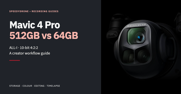 DJI Mavic 4 Pro camera close-up beside the title Mavic 4 Pro 512GB vs 64GB and ALL-I, 10-bit 4:2:2 subtitle