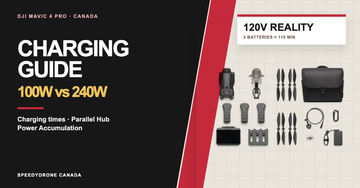 DJI Mavic 4 Pro charging guide comparing 100W and 240W with 120V three-battery charging time