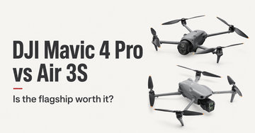 DJI Mavic 4 Pro seen from the front against a dark background with its triple-camera gimbal visible