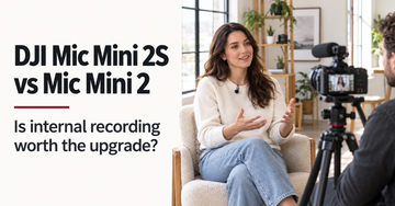 DJI Mic Mini 2S vs Mic Mini 2 comparison cover with an interview recording scene and a question about upgrading for internal recording.