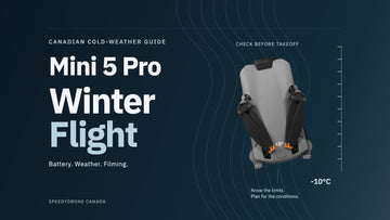 Genuine folded DJI Mini 5 Pro beside a stylised temperature gauge on a dark blue cover titled Mini 5 Pro Winter Flight.