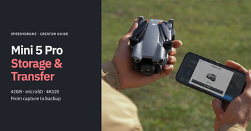 DJI Mini 5 Pro and a phone showing its album connection beside the title Mini 5 Pro Storage & Transfer