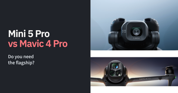 DJI Mini 5 Pro main-camera close-up and Mavic 4 Pro triple-camera detail beside an editorial flagship-buying question.