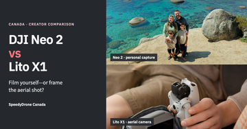 Editorial DJI Neo 2 versus Lito X1 cover pairing a family by the water with a person packing a folded Lito X1