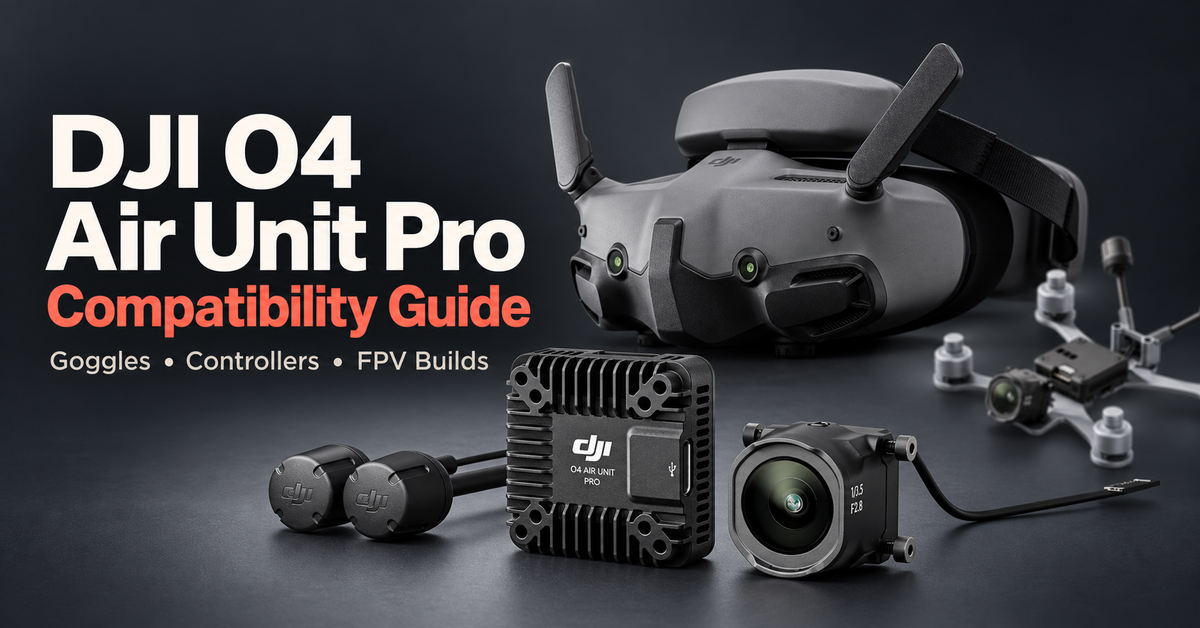 Editorial composite of DJI O4 Air Unit Pro, DJI Goggles 3 and an FPV build illustration beside a compatibility-guide headline.