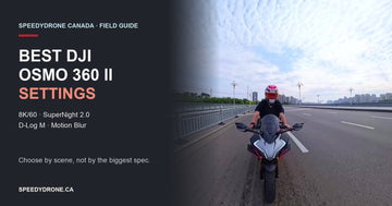 Best DJI Osmo 360 II settings guide cover with a motorcyclist and 8K, SuperNight, D-Log M and Motion Blur topics