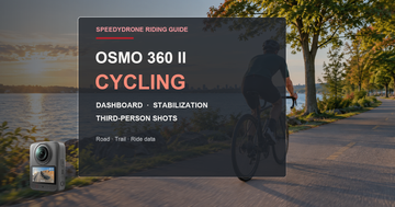 Road cyclist beside a waterfront with DJI Osmo 360 II cycling guide title