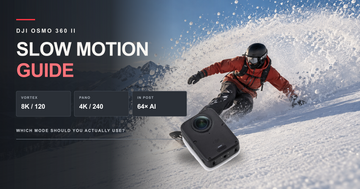 Snowboarder carving through frozen powder beside a DJI Osmo 360 II slow-motion guide graphic