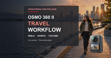 Solo traveller beside a waterfront skyline with DJI Osmo 360 II travel workflow guide