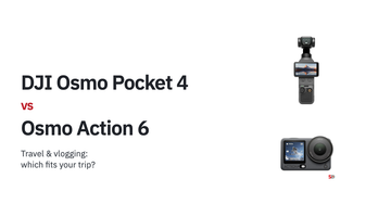 DJI Osmo Pocket 4 and Osmo Action 6 on a white comparison cover with a travel and vlogging question