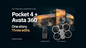 Genuine Pocket 4 and Avata 360 product images before an illustrated coastal panorama forming landscape, portrait and dynamic video frames, with the headline “One story. Three edits.”