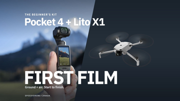 A Pocket 4 mountain photograph meets a genuine Lito X1 aircraft render across a diagonal divide, with the titles Pocket 4 + Lito X1 and FIRST FILM.