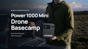 DJI Power 1000 Mini carried beside a pickup truck with the headline Power 1000 Mini Drone Basecamp.