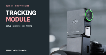 DJI RS 5 Tracking Module guide cover with the real Enhanced module mounted above a camera and the headline Tracking Module.