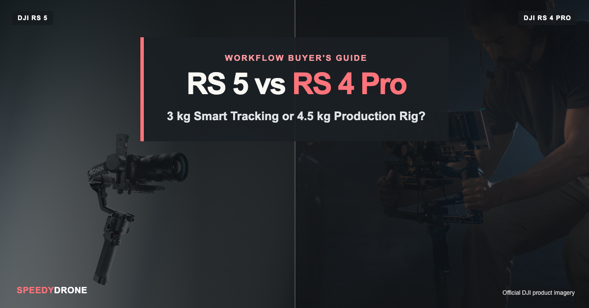 DJI RS 5 and RS 4 Pro rigs beside a 3 kg smart tracking or 4.5 kg production rig comparison headline