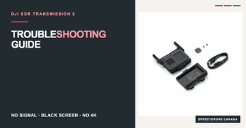 DJI SDR Transmission 2 transceiver and accessories beside a troubleshooting guide headline