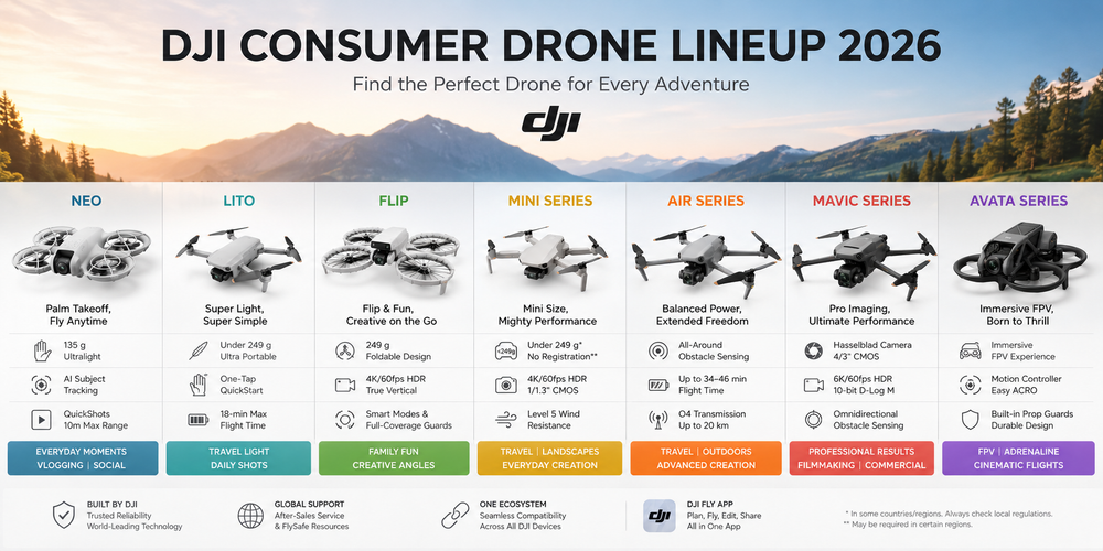 DJI Consumer Drone Lineup 2026: Neo vs Lito vs Flip vs Mini vs Air vs Mavic vs Avata
