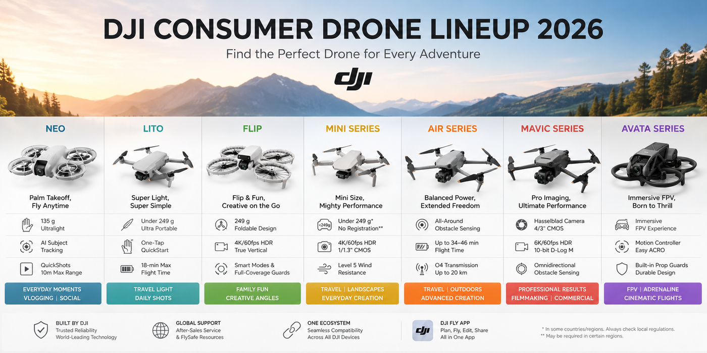 DJI Consumer Drone Lineup 2026: Neo vs Lito vs Flip vs Mini vs Air vs Mavic vs Avata