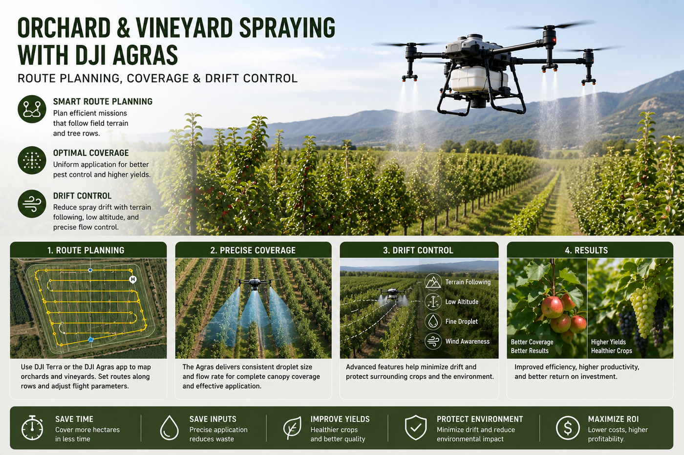 Orchard and Vineyard Spraying with DJI Agras: Route Planning, Coverage and Drift Control