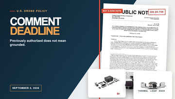 FCC Public Notice DA 26-758 beside real DJI thermal, LiDAR, docking and agricultural drone equipment