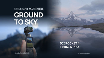 Ground to Sky filmmaking tutorial cover combining a real Pocket 4 mountain photograph and separate DJI Mini 5 Pro alpine-lake promotional imagery