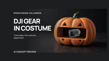 DJI Gear in Costume headline beside a real Osmo Action 6 product image composited in an AI-generated pumpkin display concept.