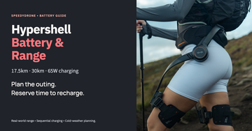 Hypershell battery and range guide cover with a close-up of a real wearer’s waist and leg hardware on a hillside