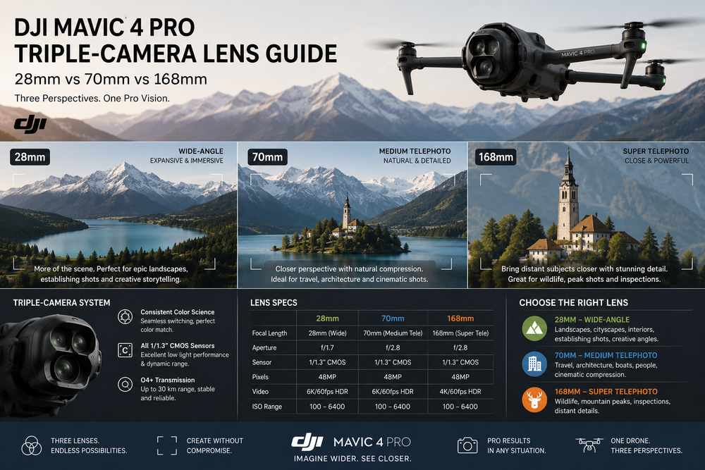 DJI Mavic 4 Pro Triple-Camera Lens Guide: 28mm vs 70mm vs 168mm