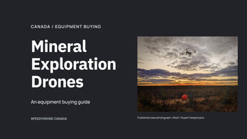 Mineral Exploration Drones buying-guide cover with a real FlyCart 30 carrying a MobileMTd sensor, photographed for AlteX's Expert Geophysics case.