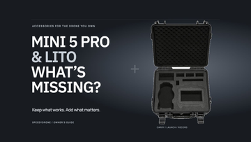 Mini 5 Pro and Lito What’s Missing accessory guide cover beside a genuine empty AEROVAULT hard case.