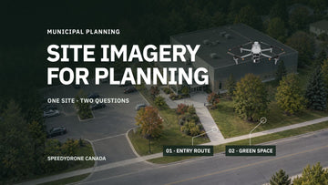 Illustrated community centre and its entry route and green space beneath Site Imagery for Planning lettering, with an authentic DJI Matrice 4E product photo