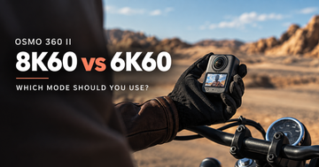 Osmo 360 II 8K60 vs 6K60 settings guide cover showing the camera in a rider's gloved hand