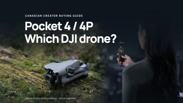 Dark editorial cover reading Pocket 4 / 4P, Which DJI drone? with a real Pocket 4 night-filming scene and Mini 5 Pro resting on a mossy log