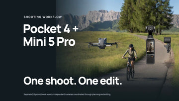 Pocket 4 front render over a separate Mini 5 Pro cycling scene with the headline One shoot. One edit.