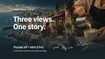 Three views. One story. Illustrated coastal scene with genuine DJI Pocket 4P dual-camera and Mini 5 Pro product imagery.